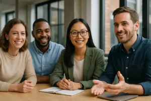 Diverse team in open candid discussion with leader encouraging honest communication in workplace