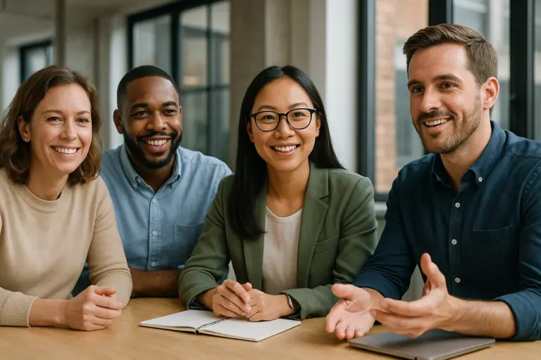 Diverse team in open candid discussion with leader encouraging honest communication in workplace