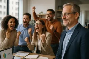 Confident professional surrounded by celebrating team reflecting leadership identity transition from maker to multiplier