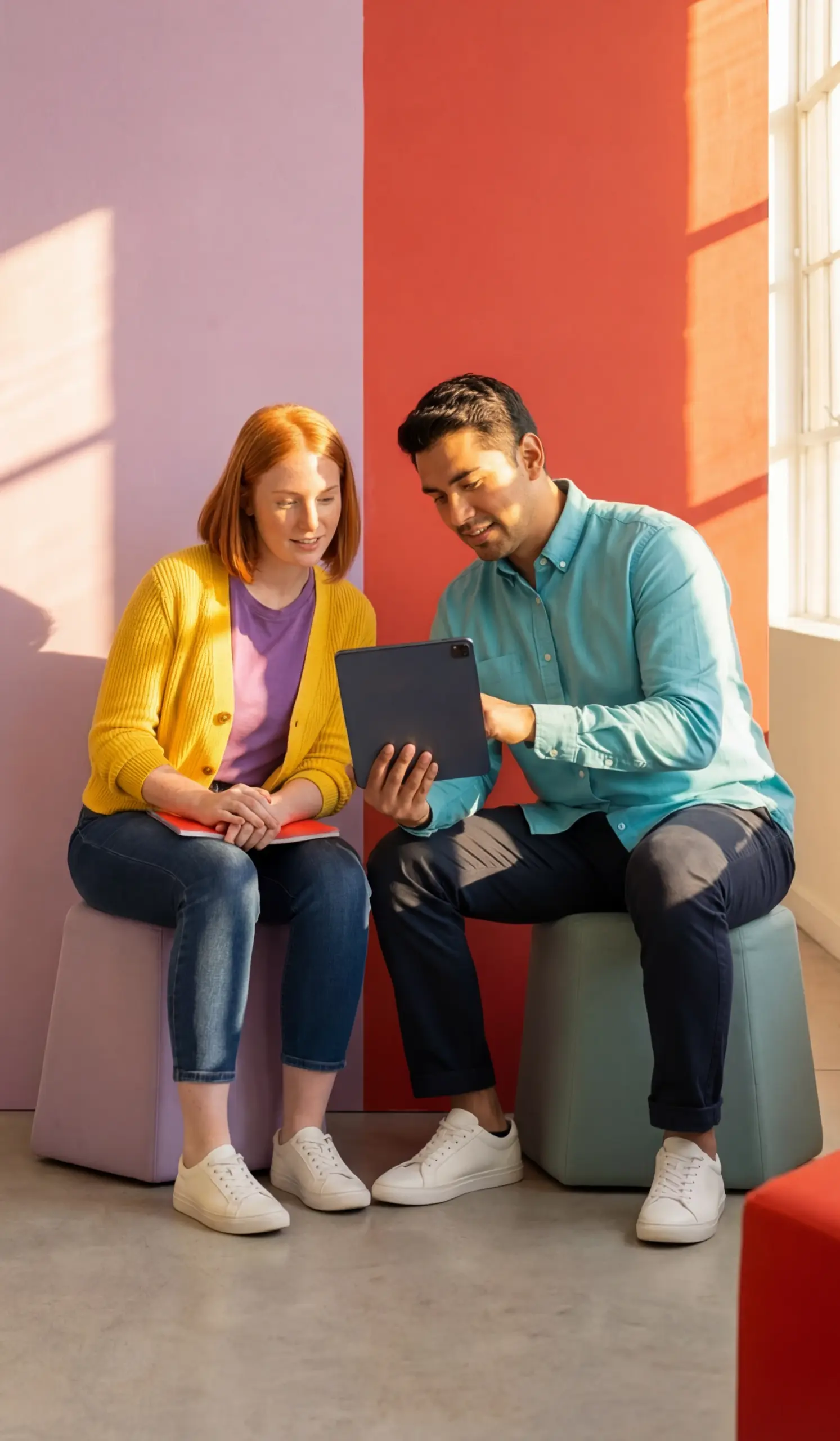 Two colleagues reviewing content together on a tablet against a colourful background, illustrating QO2 Opportunities-Obstacles Quotient use cases and applications