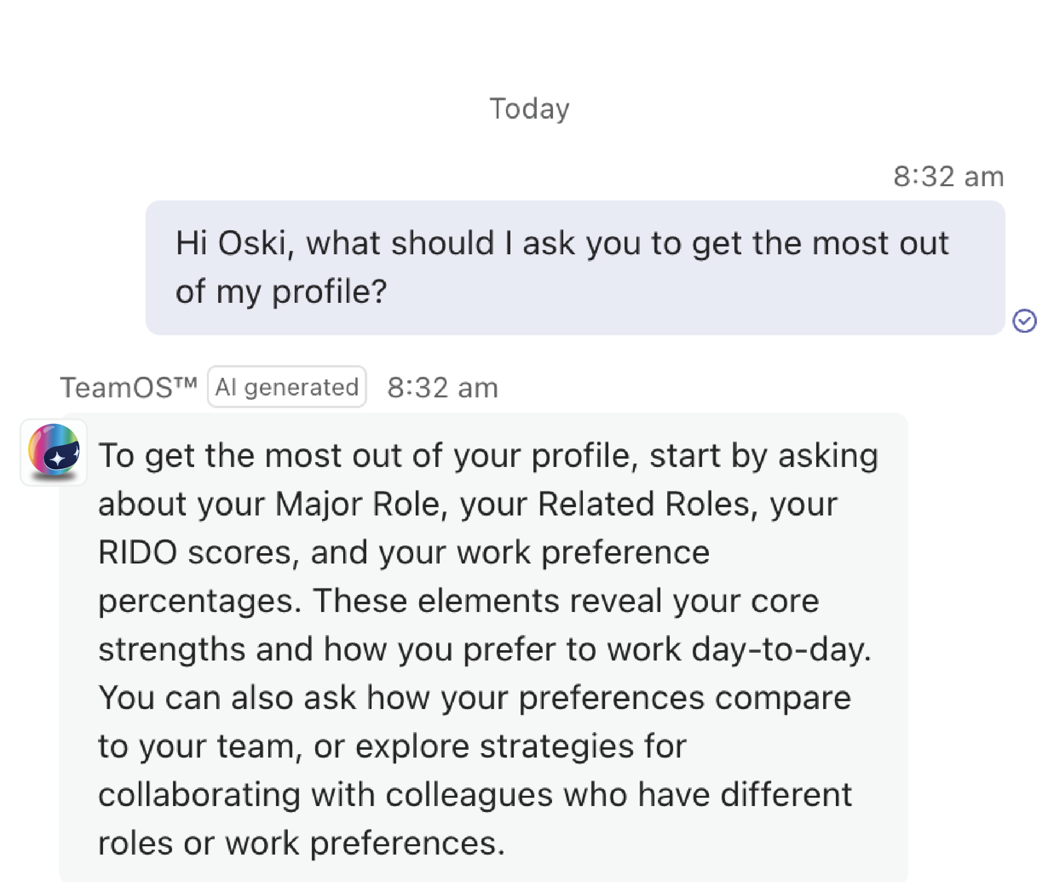 Oski, the TeamOS AI coach, answering a question about getting the most out of a TMP profile in a Microsoft Teams chat